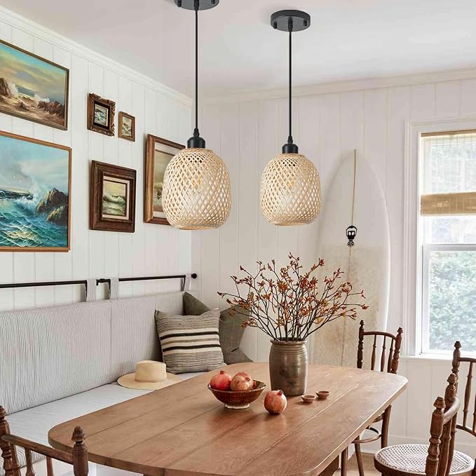 Hanging Light Fixture Set of 2, Mid Century Bohemian Rattan Bamboo Pendant Lighting,Torus Basket Woven Ceiling Chandelier for Kitchen Island Dinning Room Living Room Bedroom Nightstand
