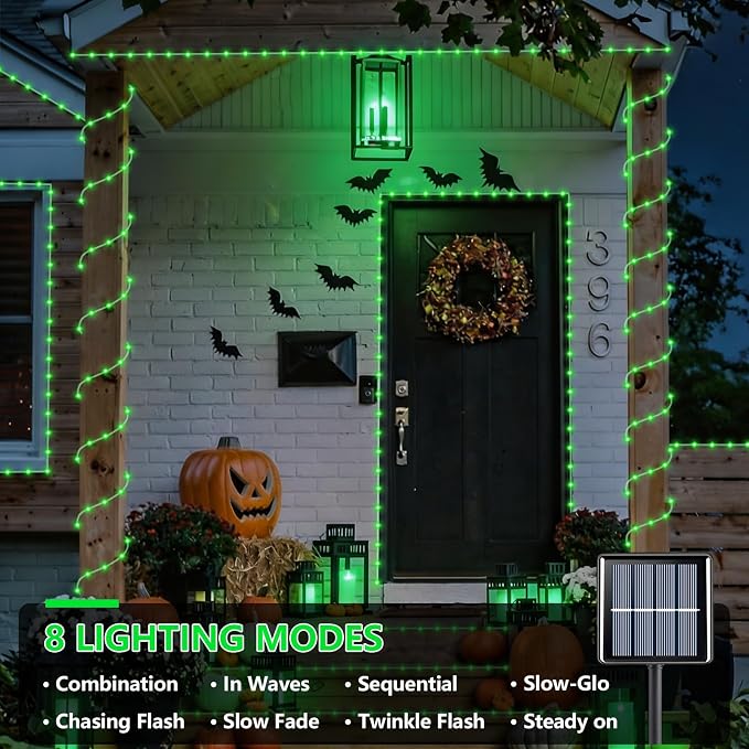 YEGUO Solar Halloween Lights, 2 Packs Each 33ft 100 LED String Lights Outdoor Waterproof, 8 Modes Fairy Lights in Clear Thin Tube for Camping Fence Patio Garden Trampoline Deck(Green)