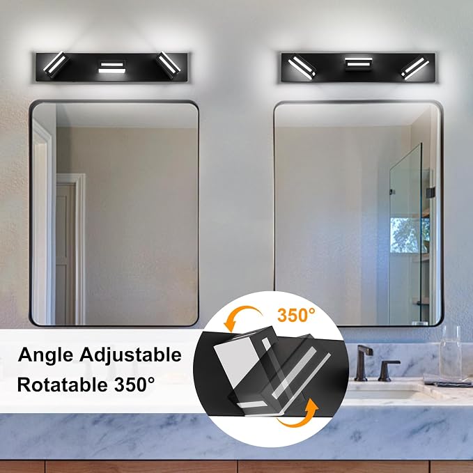 LED Modern Bathroom Light Fixtures, 3-Light 24-Inch Matte Black Vanity Lights for Bathroom Lighting Fixtures Over Mirror, 6000K Cool White 350° Rotatable Wall Lamp