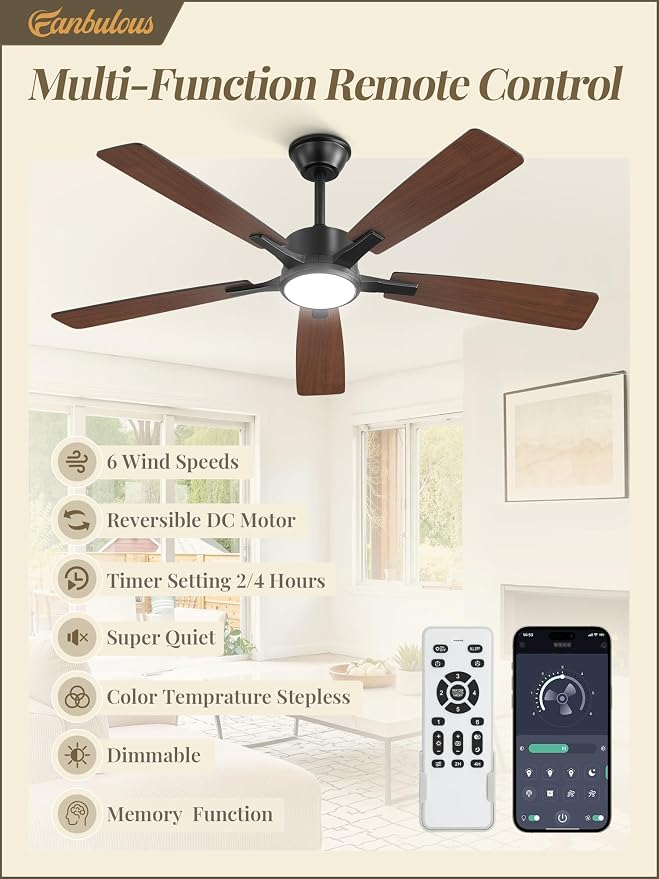 Fanbulous 52 Inch Ceiling Fans with Lights, Black, Remote & APP Control | Stepless CCT & Dimmable Light, 20W LED Ceiling Fan, 6 Speeds, Reversible Quiet DC Motor, for Bedroom, Living Room, Apartment