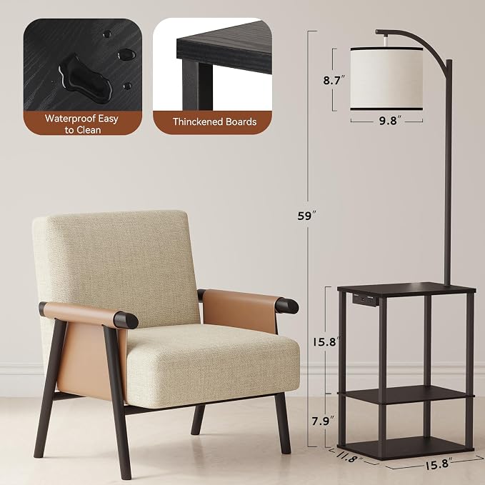 SUNMORY Floor Lamp with Table Shelves, End Side Table for Living Room | USB & AC Charging Stations, 3 Color Temperature 9W LED Bulb, Adjustable Shade, Modern Nightstand Lamps for Bedroom Office