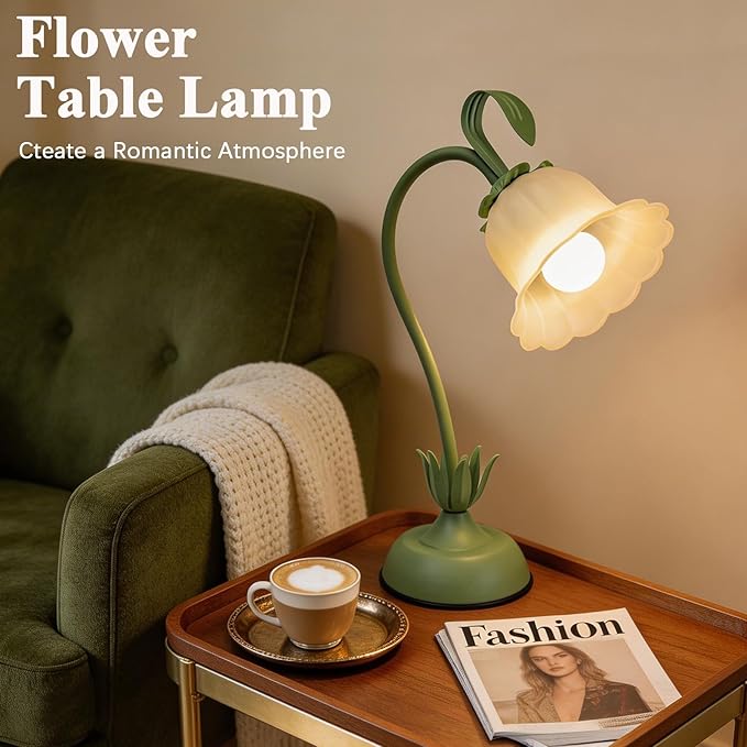 Tulip Flower Table Lamp, 3 Color Temperature Flexible Gooseneck Cute Small Desk Lamp for Bedroom, Vintage Nightstand Bedside Lamps for Living Room, Dorm, Office, Home Decor (Tulip Green)