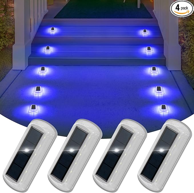 T-SUN Solar Deck Lights Outdoor Waterproof, Deck Lights Solar Powered, Driveway Marker Light for Fence Front Door, Step, Stair, Garden, Sidewalk, Pathway, Dock Porch, Backyard (Blue, 4 Packs)