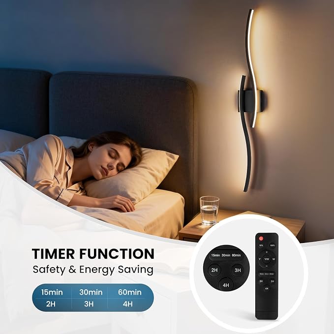 Black Battery Operated Wall Sconces: 39.3 Inch Rechargeable Sconce Set of Two with Remote Control/3 Colors/10-100% Dimming/Timer, Modern Wall Lighting for Bedroom Living Room Hallway Bathroom, 2 Pcs