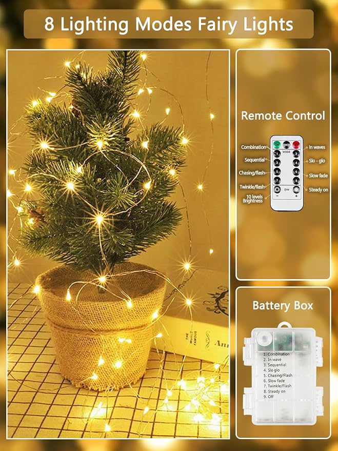 3 Pack Fairy Lights Battery Operated with Remote 120 LED 40 FT Warm White | Twinkle String Lights with 8 Modes Timer and IP44 Waterproof for Indoor Outdoor Xmas Tree Girl's Room Patio Railing Decor