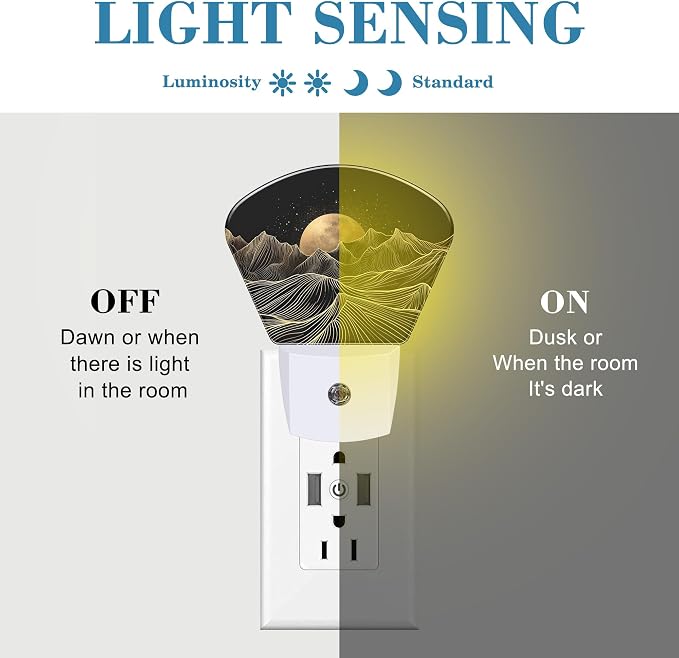 Black Gold Mountain Night Light Golden Moon Nightlight Plug into Wall with Dusk to Dawn Sensor for Kid Girls Boys Women Men Room, Hallway, Kitchen, Bathroom, Stairs Decor