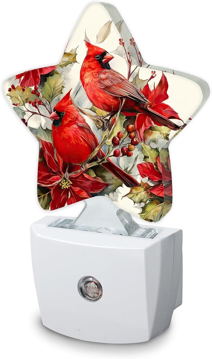 Red Cardinal Bird Flowers Plug-in Night Light with Dusk-to-Dawn Sensor for Bathroom,Bedroom and Hallway Sleep Friendly Lamp for Women/Girls/Boys Gift,0.5w