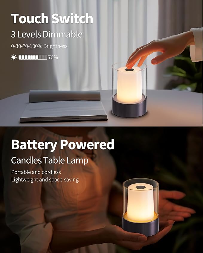 4" Black Cordless Table Lamp Set of 2, Outdoor Rechargeable Lamp | LED, Battery Operated, Portable, Touch Night Light for Dining Room, Camping, Bar, Party, Bedside, Bedroom, Home Decor, Gift