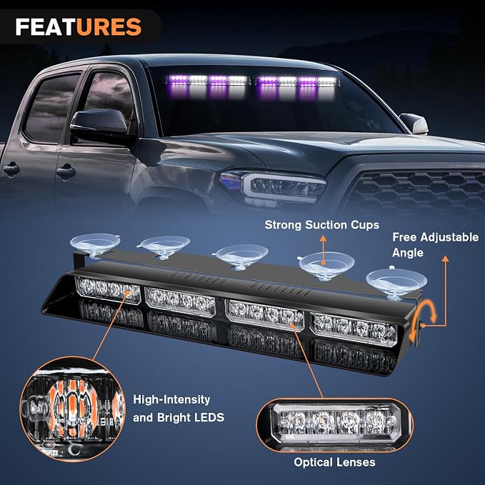 Nilight 32LED Purple White Emergency Dash Strobe Lights with Controller | Suction Cups Warning Hazard Interior Front/Rear Windshield Deck Split Light Bar for Trucks Construction Vehicles