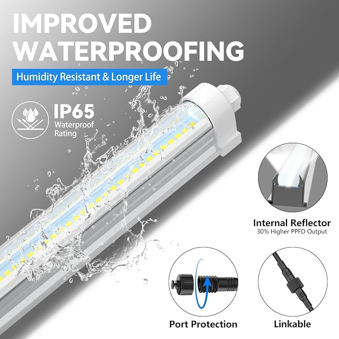 JESLED Waterproof T8 Grow Lights, 3FT 5000K Full Spectrum Daylight, 2Packs | 72W(2 X 36W), 450W Equivalent, V-Shaped Beam, On/Off Switch, Linkable Plant Light Strip for Greenhouse, Shelf, Indoor Outdoor