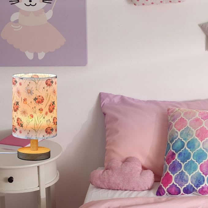 Ladybug Flowers Botanical Table Lamp for Bedroom USB Port Lamps Small Accent Table Lamp Nightstand Lamp Study Linen Shade with Wooden Base, Decorative Lamps for Bedside Reading|Kids|Dorm|Home