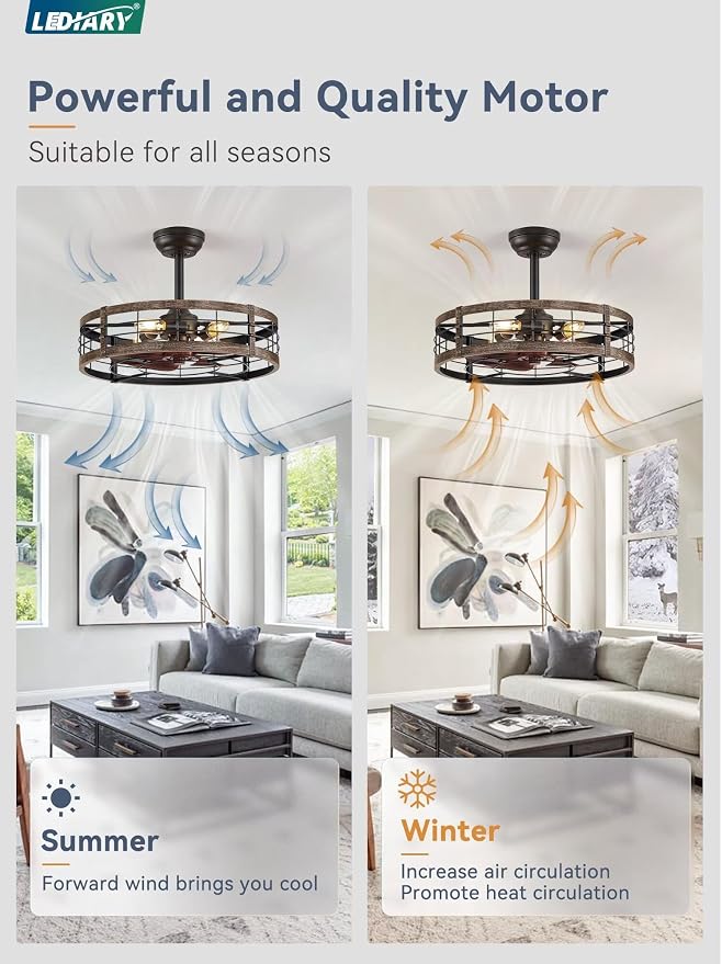 LEDIARY 22 inch Caged Fandelier Ceiling Fan Light with Remote, Black Gold | 6 Speed Adjustable,Timing, Quiet & Powerful DC, Large, Farmhouse, Industrial, Enclosed, Bladeless, Bedroom, Kitchen, Downrod