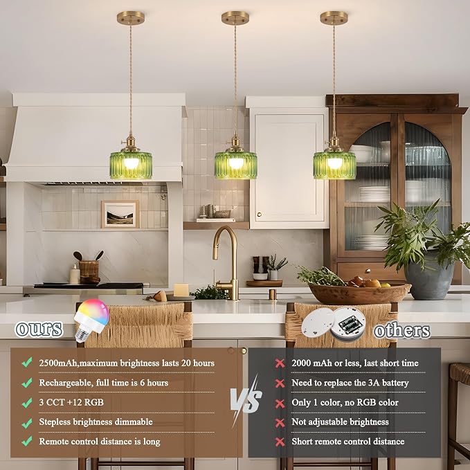 Battery Operated Pendant Light,Vintage Light Fixtures RGB Rechargeable Light Bulb 2500mAh 6.6in with Remote Control Wireless Adjustable Chandelier for Kitchen Island Hallway 1 Light