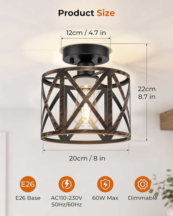Farmhouse Semi Flush Mount Ceiling Light Fixture E26 Metal Cage Industrial Ceiling Lighting for Kitchen, Bedroom, Foyer, Entryway, Laundry Room, Dining Room, Hallway 8 Inch Gold