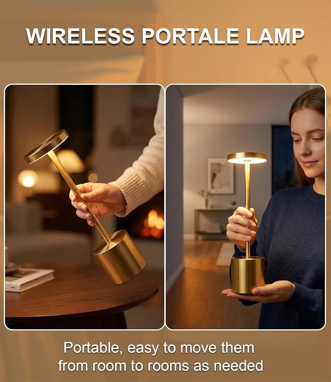 Swinerton Cordless Table Lamp Set of 2, Gold 5000mAh Rechargeable Battery Operated Lamps, Wireless 3 Color Dimmable Touch Lamp Table Light for Restaurant Dining Patio Outdoor, Home Decor