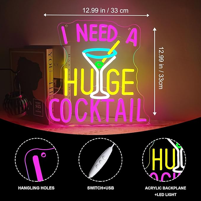 Cocktail Neon Sign I Need A Huge Cocktail Led Neon Lights, Bar Lights for Wall Decor, Colorful USB Light Up Sign Letter Neon Wall Decor for Gift Store Beer Bar Restaurant Man Cave Hotel Bedroom Window Cafe Bistro Club Party
