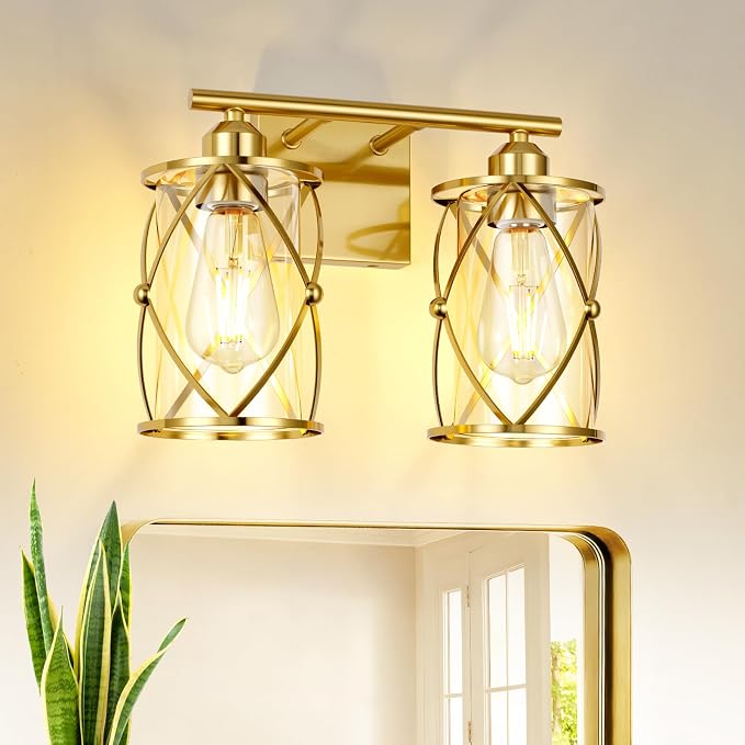 2-Light Brushed Gold Bathroom Light Fixtures, 13.8 Inch Modern Bathroom Vanity Lighting Fixtures Over Mirror with Clear Glass and Metal Cage Wall Sconce Lights for Bath, E26, CH9176BG-2W