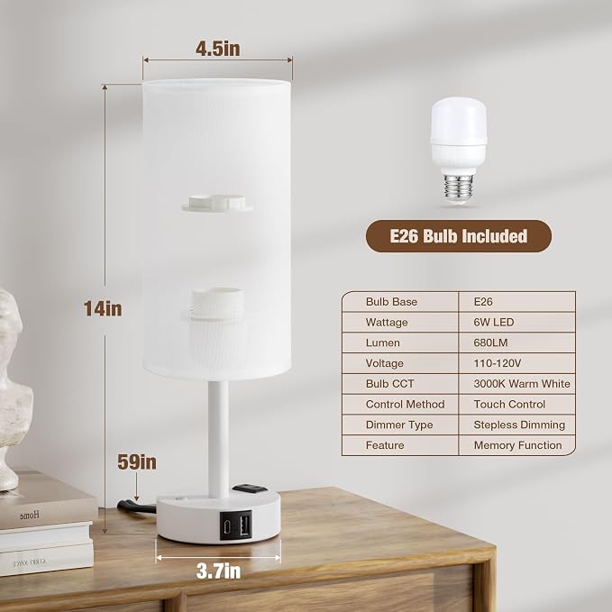 White Touch Bedside Lamp for Bedroom, Stepless Dimmable, USB A+C, AC Outlet | Base Touch Button Only, Memory Brightness, Ultra-dim Night Light, Included Bulb for Optimal Dimming, White Lamp Base, Nursery