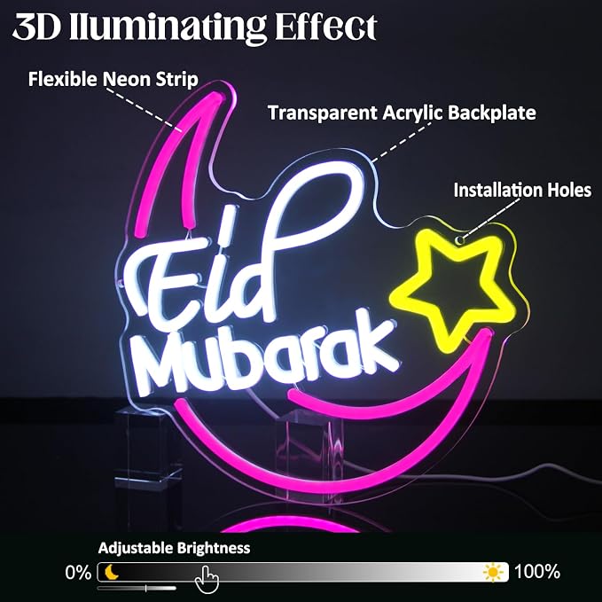 Eid Mubarak Neon Sign Islamic LED Lights for Wall Mosque Eid Al Adha Decor | Eid Al Fitr Supply, Ramadan Mubarak Decoration, Dimmable Moon Star Neon Light, Muslim LED Sign, Acrylic Wall Art, USB Powered