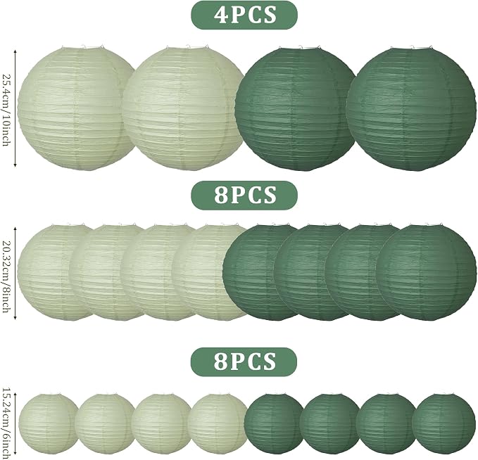 20Pcs Paper Lanterns Decorative, Green Round Hanging Lanterns for Wedding | 6"8"10" Hunter Green and Sage Green Paper Lanterns Decorations for Rustic Party Bridal Shower Birthday Home Classroom Decor
