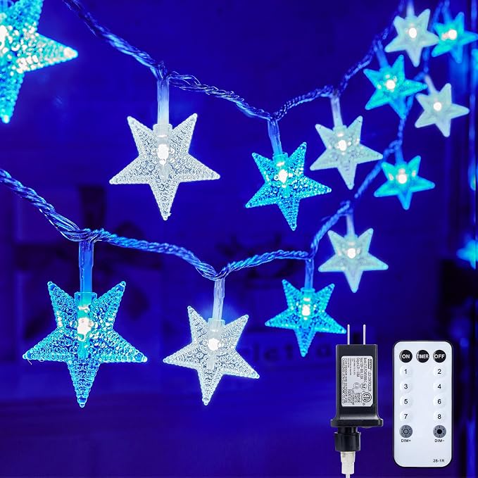 Minetom 33ft Blue and White Star String Lights Plug in | 100 LED, Remote and Timer, 8 Modes, Waterproof for Tent Loft Bed Backyard Patio Balcony Staircase Classroom Decor