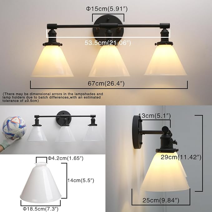 Vintage Industrial 3-Light Bathroom Vanity Light with Milk Glass lampshade – Antique Brass Wall Sconce for Over Mirror, E26 Socket, Hardwired Installation