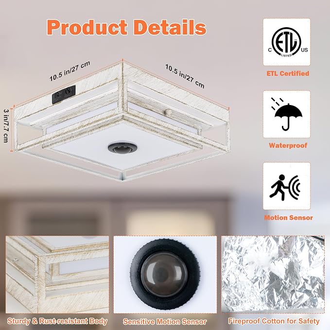 White LED Motion Sensor Outdoor Ceiling Light Square Flush Mount Lights | 10.5", Motion Sensor, Dusk to Dawn, Adjustable Color, Waterproof, Modern, For Exterior Porch Garage Entryway