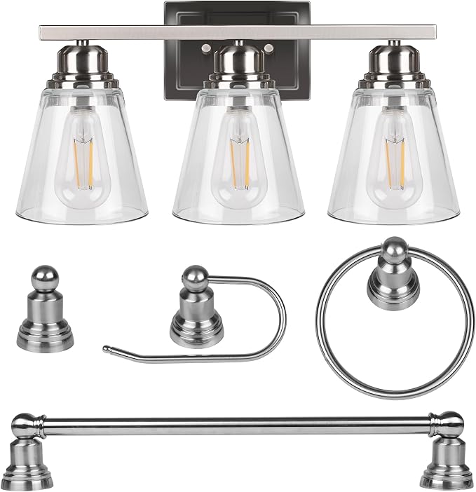 Brushed Nickel 3 Light Bathroom Vanity Light Set,5 Piece Brushed Nickel Bathroom Light Accessories Set,Brushed Nickle 3 Light Bathroom Vanity Fixture with Hardware Set