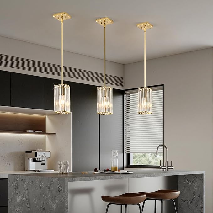 Modern Crystal Pendant Lights Kitchen Island, 3-Pack Brushed Gold Hanging Light with Clear Crystal Shade, Adjustable Height Pendant Lighting for Kitchen Island Dining Room Bedroom Bar Entryway