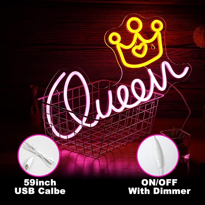 Queen Neon Sign Crown Neon Lights Dimmable USB Powered 16.5’’X9.3’’ Light Up Sign for Girls Room Birthday Party Bedroom Lady Gifts Wall Decor（Pink Yellow）