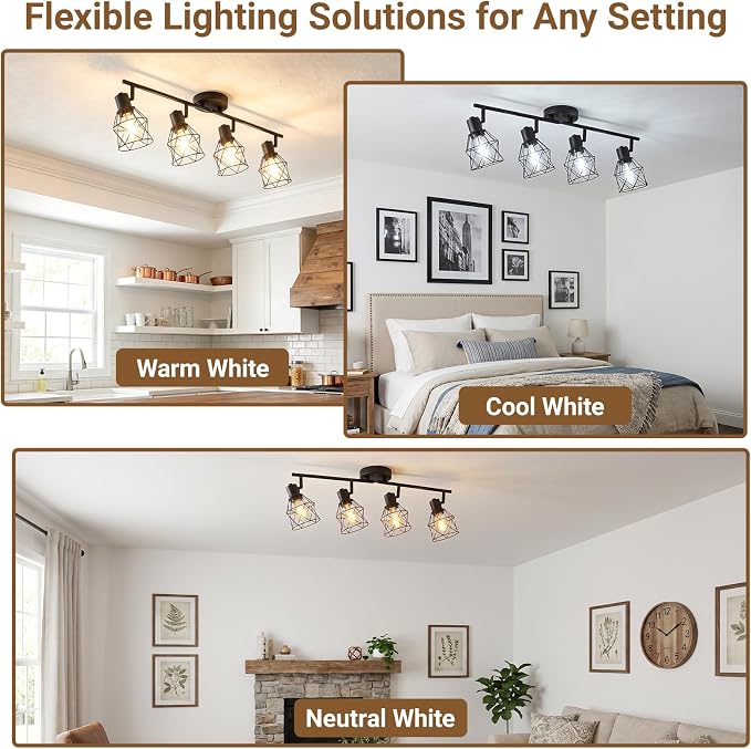 LOUSACE 4-Light Ceiling Track Lighting Fixtures, Multi-Directional Flush Mount Ceiling Spot Lights, Rotatable Black Track Light with Metal Cage for Dining Room, Living Room, E26 Base