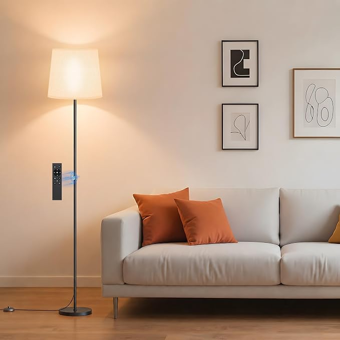 Dimmable Floor Lamp with Linen Shade for Living Room | Dimmable LED Standing Lamp with Remote & Foot Switch, Modern Floor Reading Light for Bedroom Office Corner