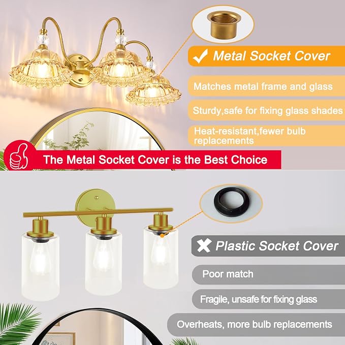 Mid Century Bathroom Light Fixtures 3 Lights Brushed Gold Vanity Lights for Bathroom with Floral Amber Crystal Glass Shade Bathroom Vanity Lighting Fixtures Over Mirror for Bedroom Living Room Hallway