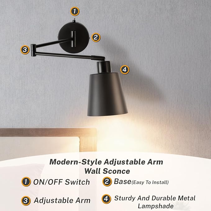 OSYNNIQ Wall Sconce Light with Adjustable Swing Arm for Bedside Reading | Wall Lamp, Modern, Industrial, Lighting Fixture, Black, Hardwired, for Bedroom/Living Room/Indoor, LED E26 Bulb Included