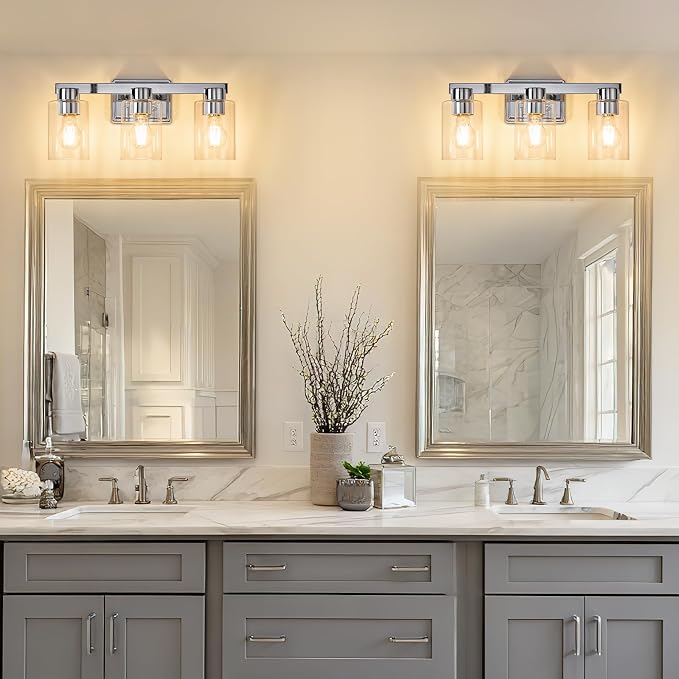 3-Light Bathroom Light Fixtures with Clear Glass, Chrome | Vanity Lights, Modern Wall Sconces, Over Mirror for Bathroom, Powder Room, Living Room
