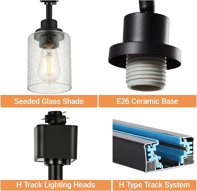 LOUSACE 4-Pack H Track Lighting Heads, Black Track Lighting Fixtures Ceiling with Seeded Glass Shade, H Type Track Lighting Replacement Heads E26 Spotlight for Accent Retail Kitchen Island Lighting