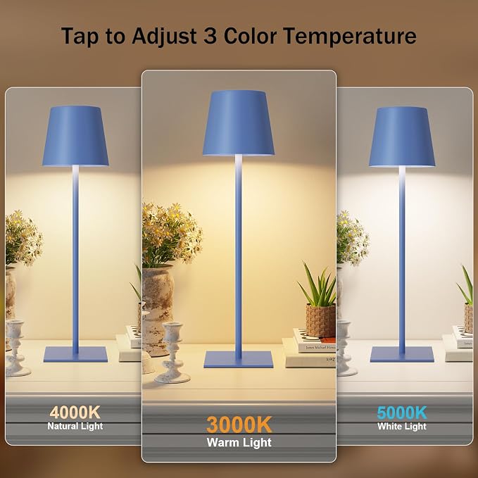 Kakanuo Navy Blue Rechargeable Table Lamp, 2 Pack Cordless Desk Lamp with 5000mAh Battery, Touch Control Stepless Dimming, Wireless Night Light for Dining, Outdoor Camping, Coffee Shop