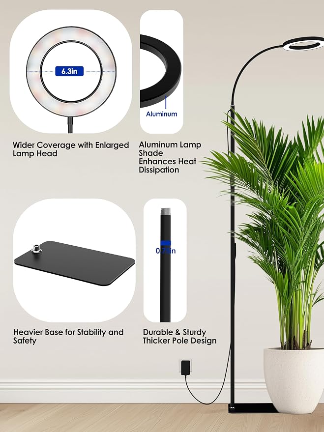 36W Grow Lights for Indoor Plants,Full Spectrum LED Plant Light with Stand | Dual Heads, Adjustable Height and Angle, 3/9/12H Timer, Dimmable, 3 Modes Floor Plant Growing Lamp for Indoor Growing, Black