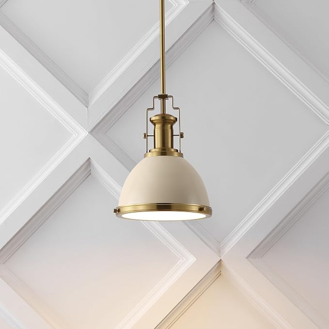 JONATHAN Y Homer Industrial Dome Pendant 10", Almond/Brass Gold | 1-Light, Farmhouse Style, Adjustable Hanging Height, Glass Diffuser, Sloped Ceiling Compatible, Metal, LED Bulb Included