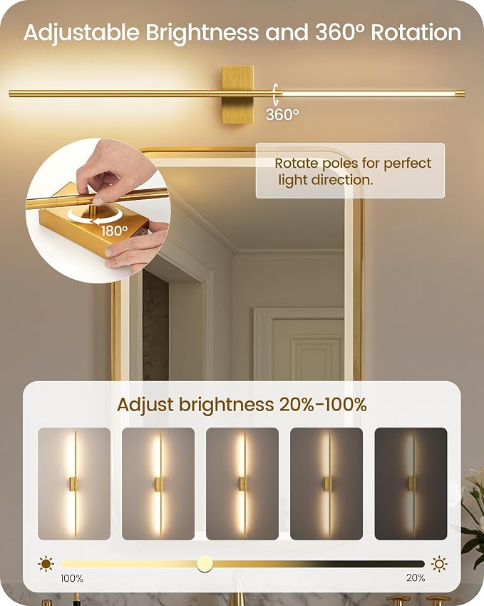 39.4" Wireless Battery Operated Wall Sconces Set of 2, Modern Rechargeable Lamp with Remote, 360° Rotation, 10000mAh, Touch Dimmable Lights for Bedroom, Living Room, Hallway, Gold D07YBP205
