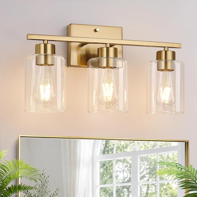3-Light Brushed Gold Bathroom Vanity Light, Modern Bathroom Light Fixture with Clear Glass Shades, Wall Sconce for Mirror, Kitchen, Bedroom, Living Room, Hallway