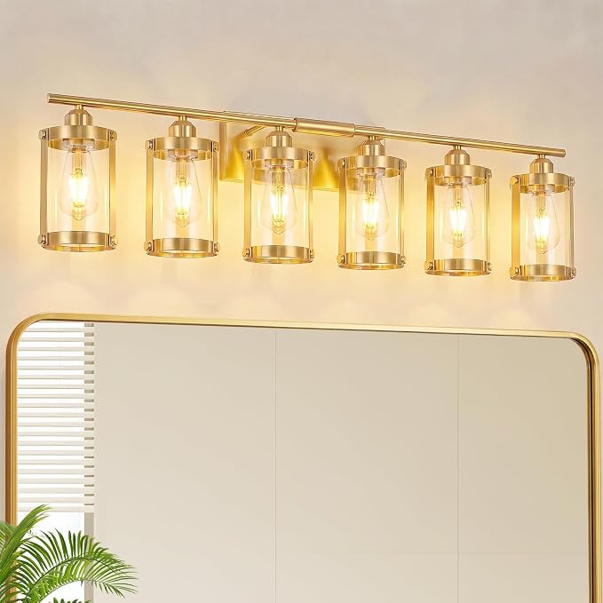 6-Light Brushed Gold Bathroom Light Fixtures Over Mirror with Clear Glass and Metal Cage Shade, 42" UL-Listed Modern Farmhouse Wall Sconce for Bath, Hardwire E26, OS-3014BG-6W