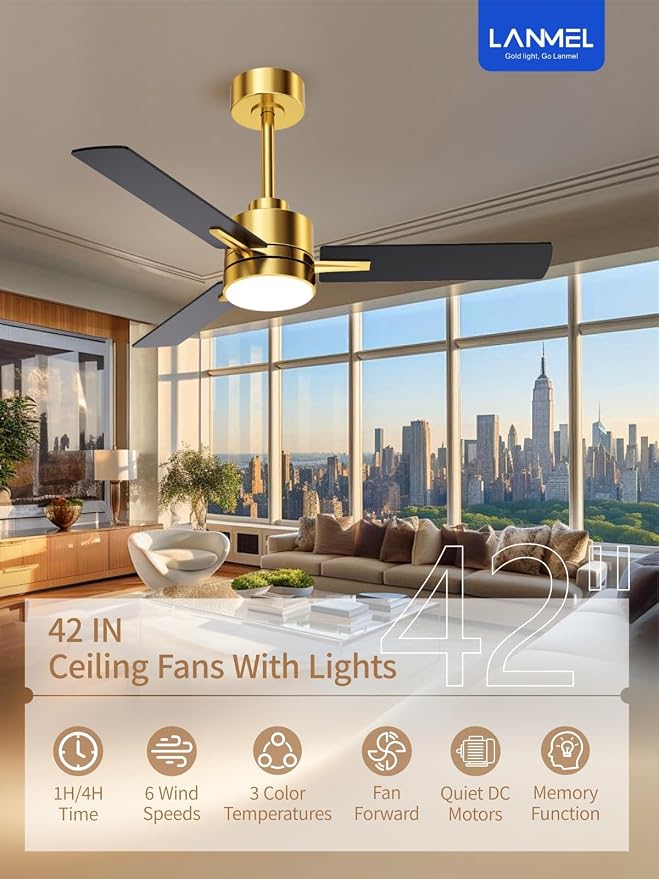 LANMEL Metal Ceiling Fan with Lights and Remote, 42 Inch, Gold & Black | Modern Low Profile Flush Mount, Reversible, 3CCT Dimmable, Quiet, LED, For Bedroom, Living Room, Indoor/Outdoor Patio Use