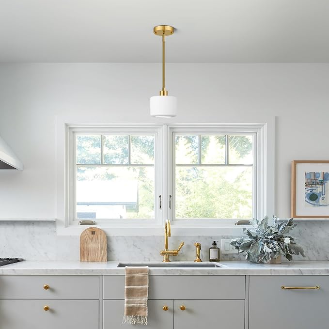 Milk Glass Pendant Lights Kitchen Island, 1-Light Modern Brushed Gold Hanging Light Fixtures with Rods, Mini Kitchen Pendant Lighting Over Island for Sink Bathroom, OS-YQ8153-1PBG