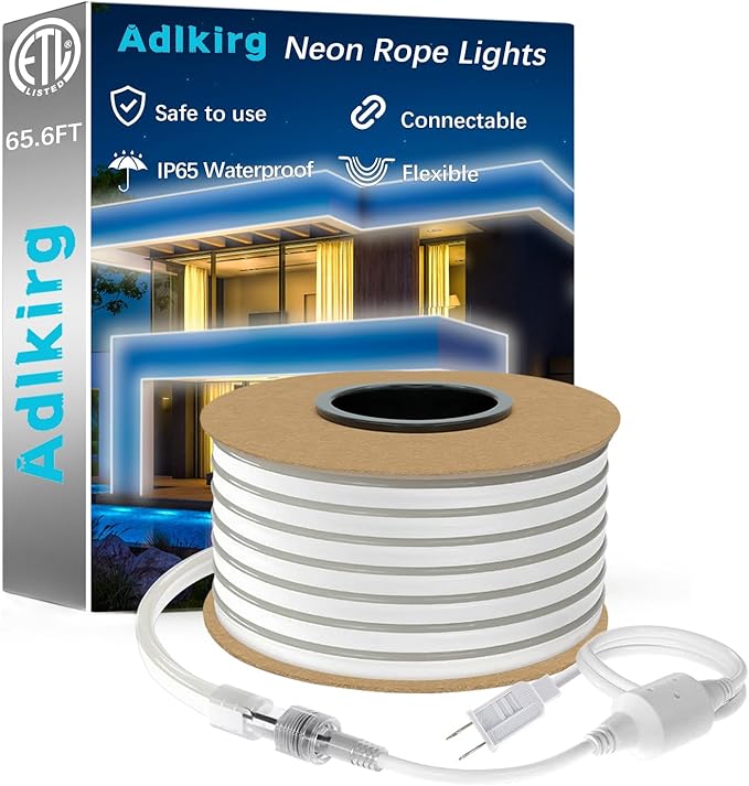 65.6FT LED Neon Rope Light, Connectable & Cuttable 6000K Daylight Neon Lights, IP65 Waterproof Indoor/Outdoor Rope Lighting for Home & Commercial Use, ETL Listed 120V, Uniform Glow