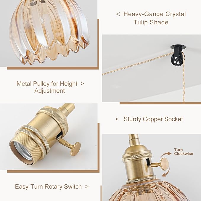 Plug in Pendant Light Fixtures, Hanging Light Fixture Vintage Glass Pendant Light, Mini Amber Tulip Hanging Lamp, Pendant Lighting for Kitchen Island, Bedroom, Dining Room, Living Room