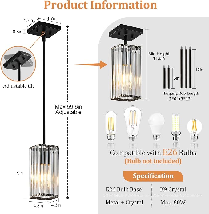 Modern Crystal Pendant Lights Kitchen Island, 1-Light Black Hanging Light with Clear Crystal Shade, Adjustable Height Pendant Lighting for Kitchen Island Dining Room Bedroom Bar Entryway