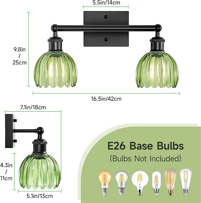 Bathroom Light Fixture,2-Light Vintage Bathroom Sconces Over Mirror, Black Fancy Vanity Lights, Flower Light Fixture with Green Tulip Glass Shade for Bedroom, Living Room, E26 Base