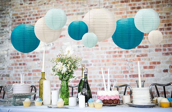 UNIQOOO 18PCS Ocean Blue Paper Lantern Wedding Party Decoration Set, Hanging Japanese Lantern Decor Supply, Easy Assemble, For Home Outdoor Baby Bridal Shower, Birthday Favor Supply, Assorted Sizes