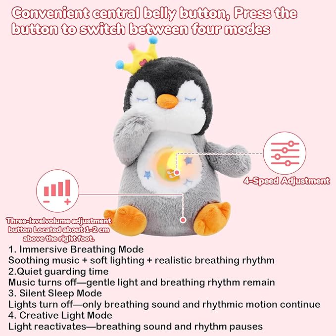 Breathing Stuffed Animal, Soothe Snuggle Penguin Plush for Anxiety Adults and Kids, Volume Control, Machine Washable, Sleep Buddy Soothing Penguin with Realistic Breathing and Lights Music, 4 Modes